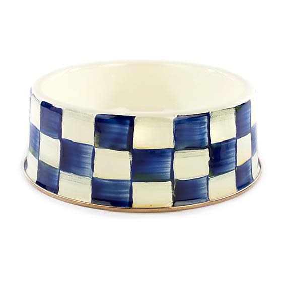 Large Royal Check enamel pet dish with blue and white hand-painted checks and a bronzed steel rim.