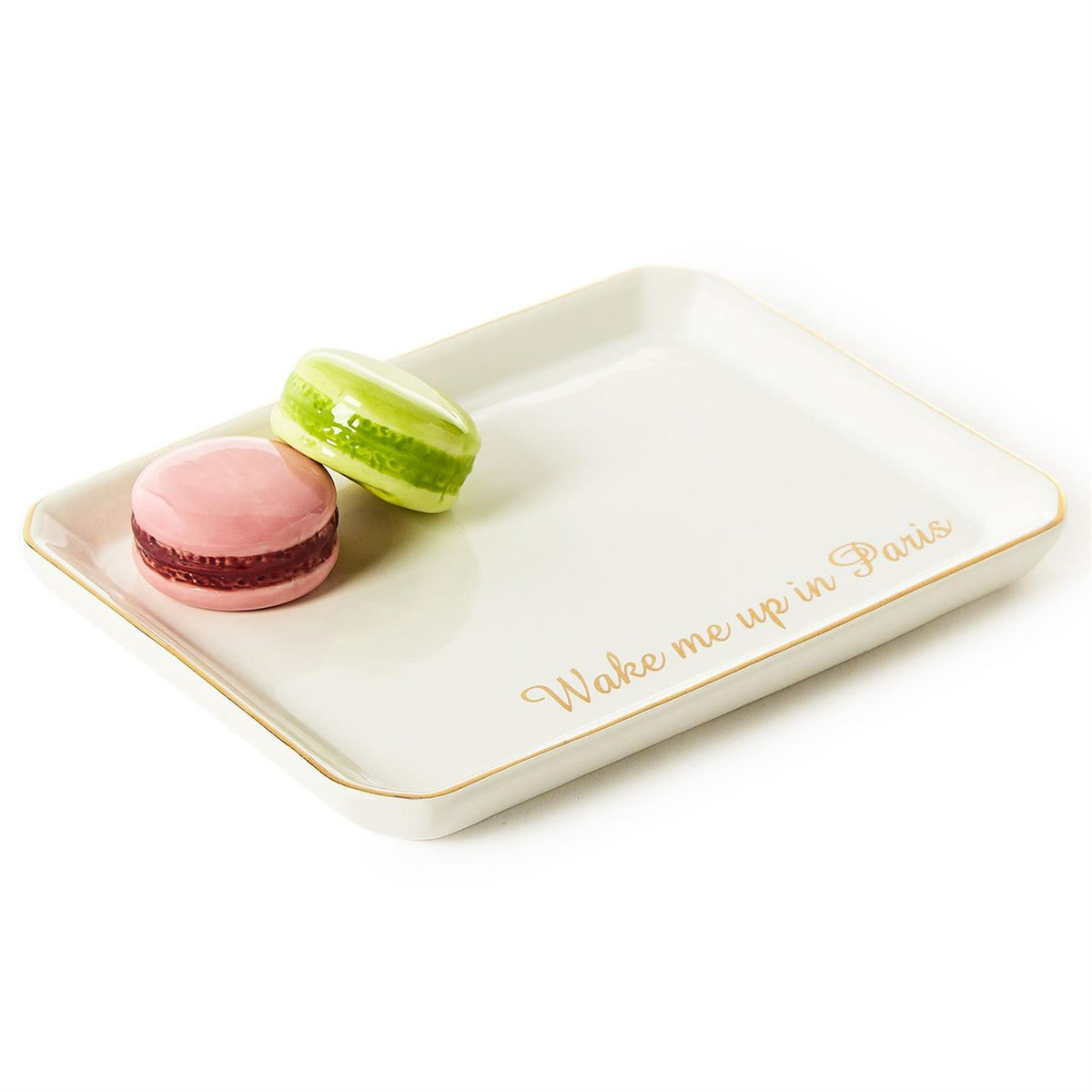 Ceramic trinket tray with pink and green macaron icons and gold 'Wake me up in Paris' text.