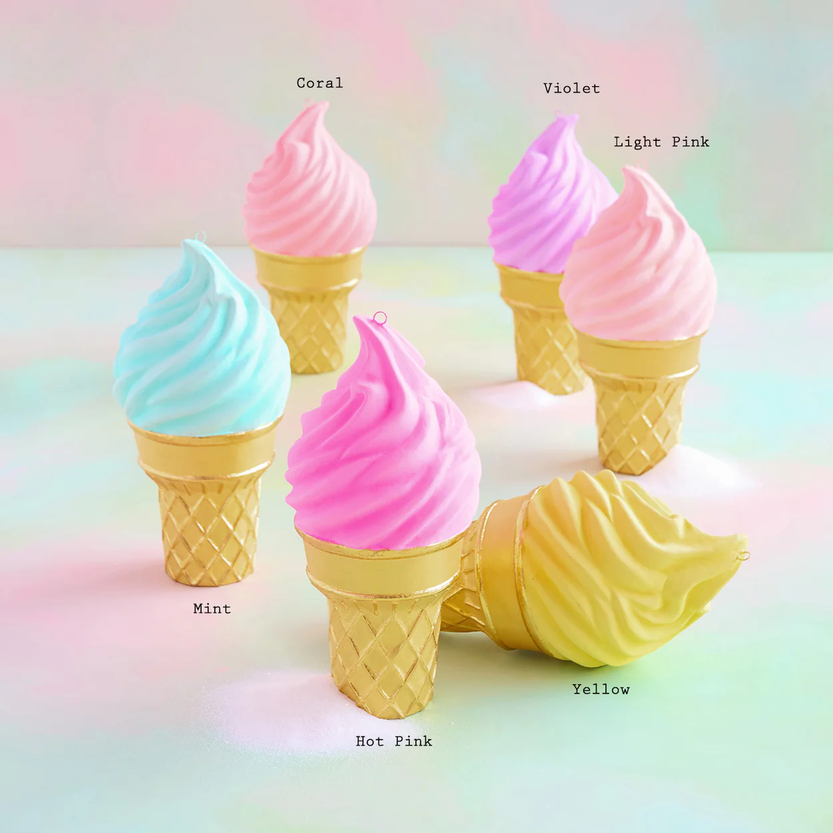 Hand-painted fiber pulp ice cream cone tabletop display with gold leaf accents