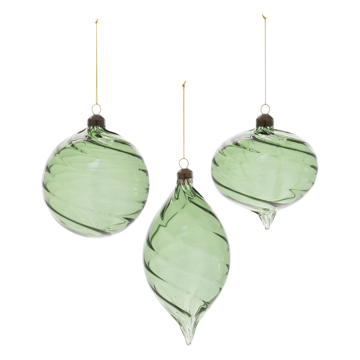 Three light green glass ornaments in round, teardrop, and onion shapes with a swirl pattern.