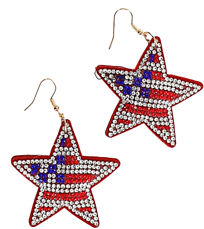 American Flag Puffy Star Earrings with red, white, and blue rhinestones on gold-tone hooks.