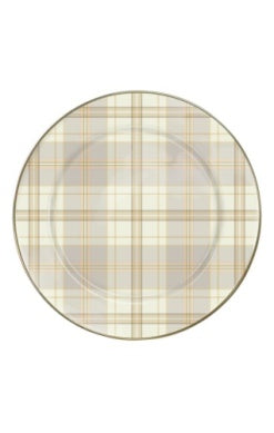 Tartan Latte Dinner Plate with a beige and tan plaid pattern and a thin gold rim.