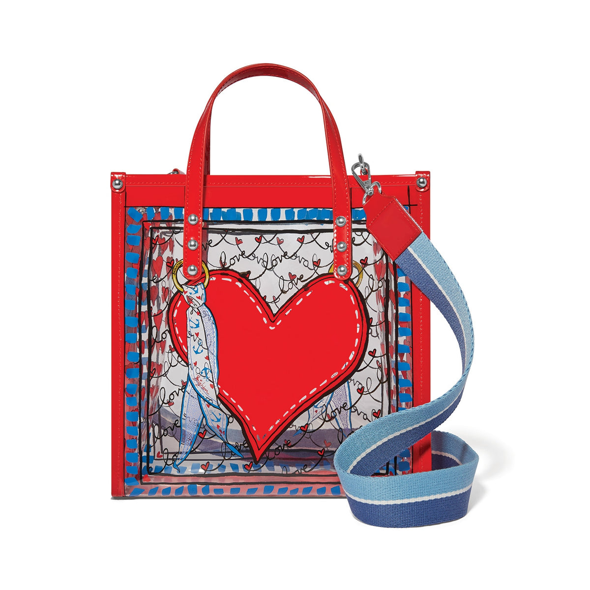 Brighton clear vinyl tote with red heart graphic, red handles, and a blue striped shoulder strap.