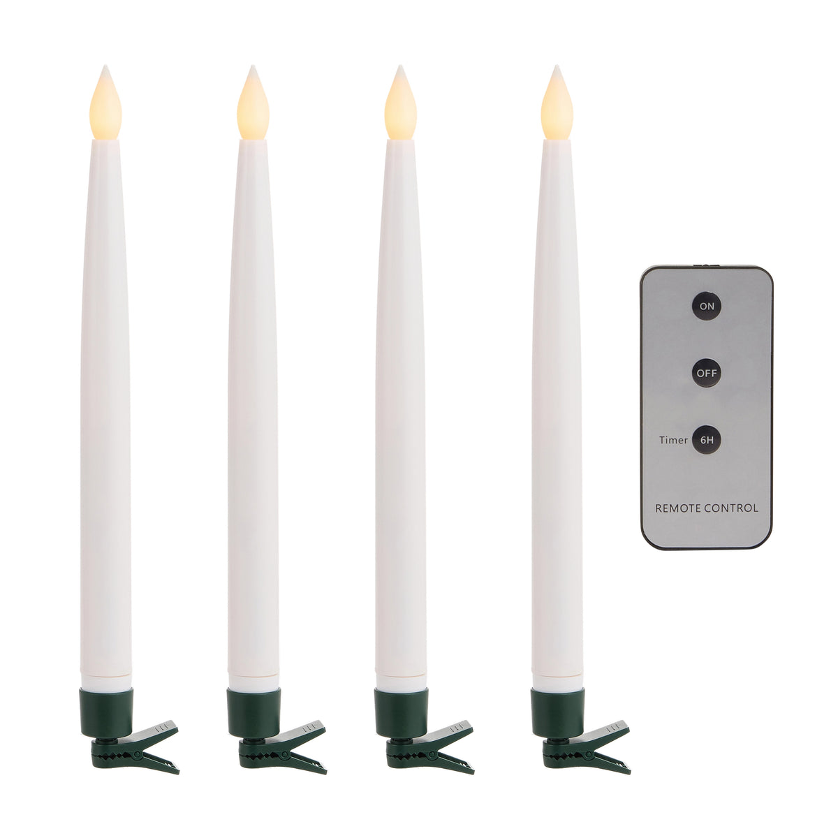 Set of four 10.5-inch white clip-on LED taper candles with a grey remote control.