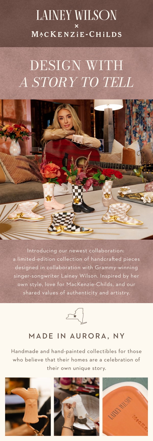 Lainey Wilson x MacKenzie-Childs collaboration featuring cowboy boot-shaped dishes and vases.