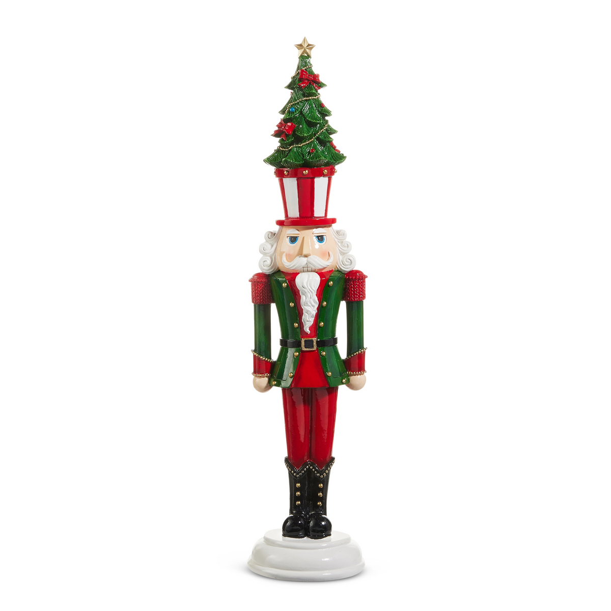 23.5-inch nutcracker figurine wearing a green jacket and red pants with a Christmas tree on its hat.