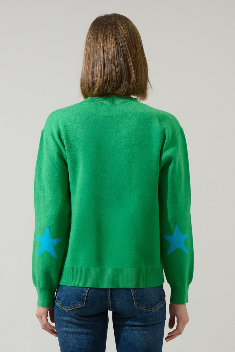 Green knit pull-over sweater with blue star at center chest