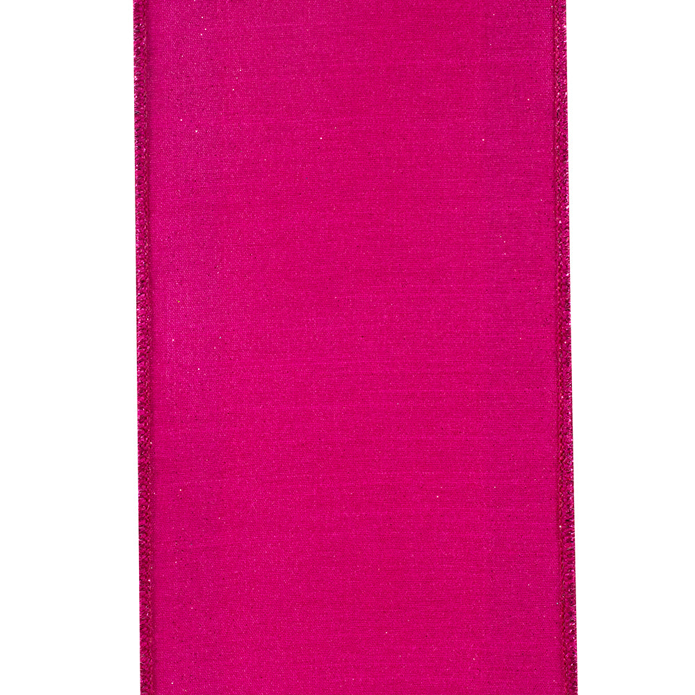 4 inch wide fuchsia dupioni ribbon with glitter striped wired edges.
