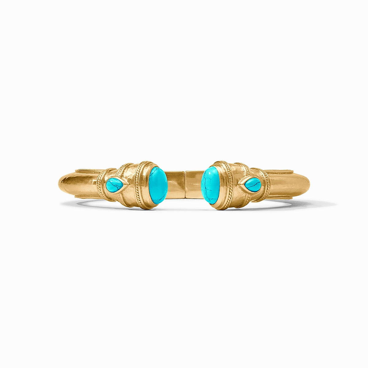 Cannes Demi Cuff in gold with shell pearl endcaps, pear-shaped gemstones, and mother-of-pearl accents.