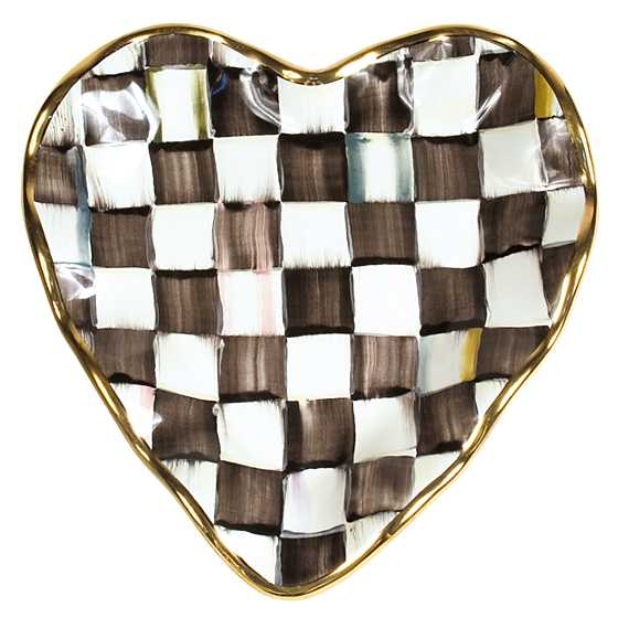 Heart-shaped ceramic plate with a black and white hand-painted checkered pattern and gold rim.