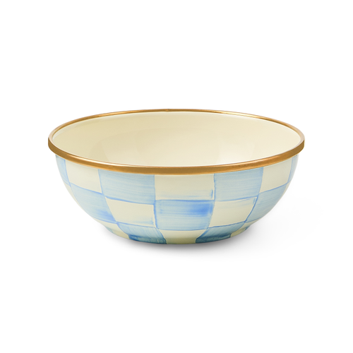 Hand-glazed steel everyday bowl with hand-painted sky blue check pattern on a bronzed stainless steel rim.