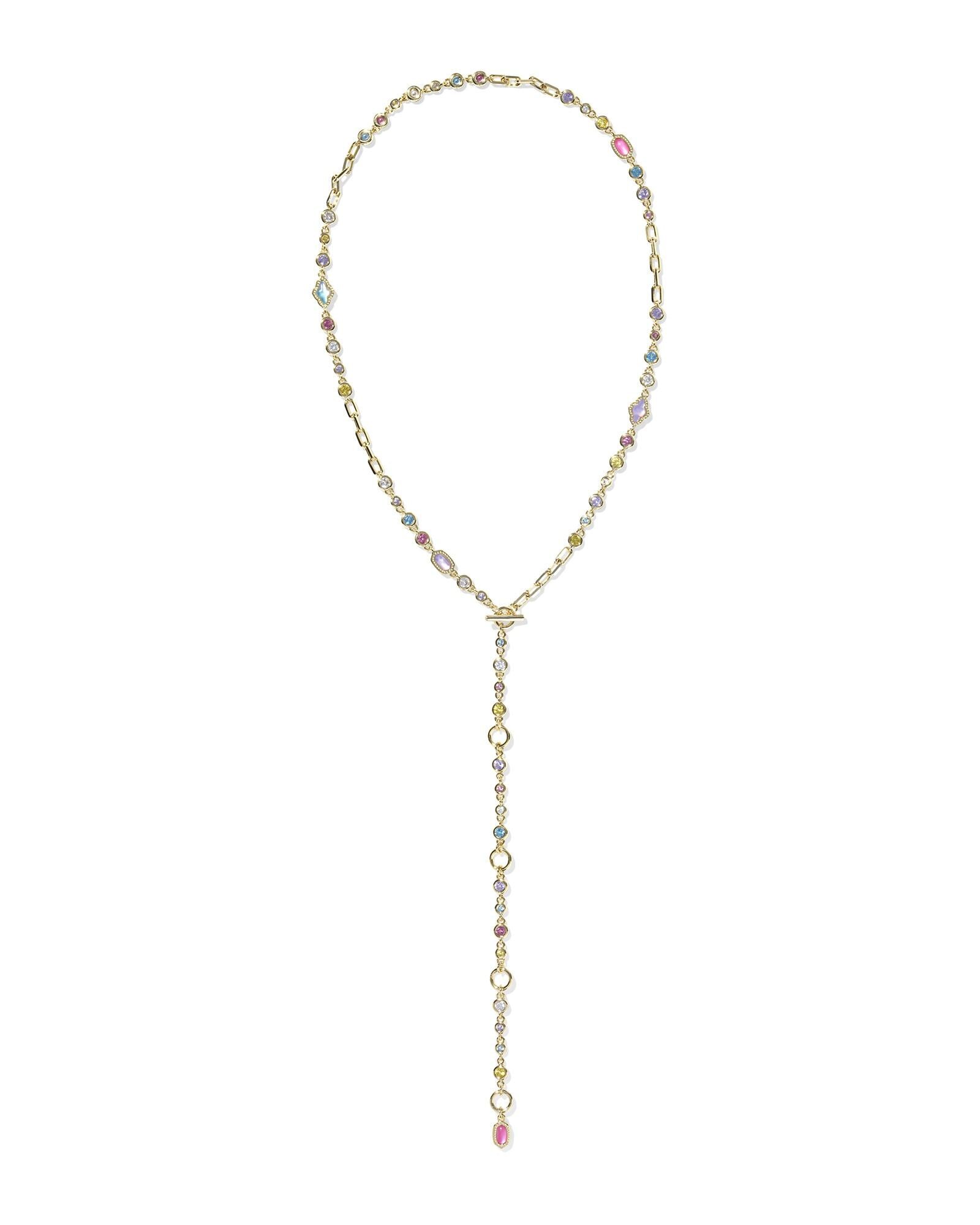 Gold Mini Elisa Abbie Strand Necklace with multi-colored gemstones and a vertical drop chain.