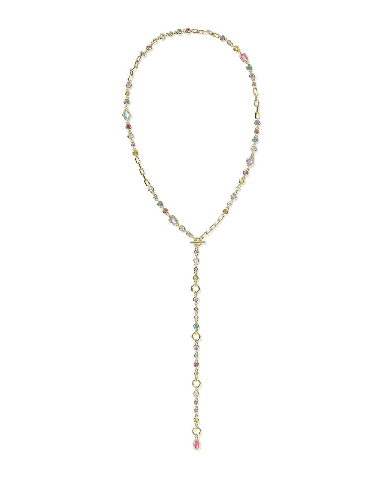 Gold Mini Elisa Abbie Strand Necklace with multi-colored gemstones and a vertical drop chain.
