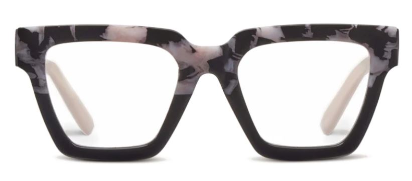 Take A Bow eyeglasses with bold blue color blocks, animal print accents, and a recycled polycarbonate frame.