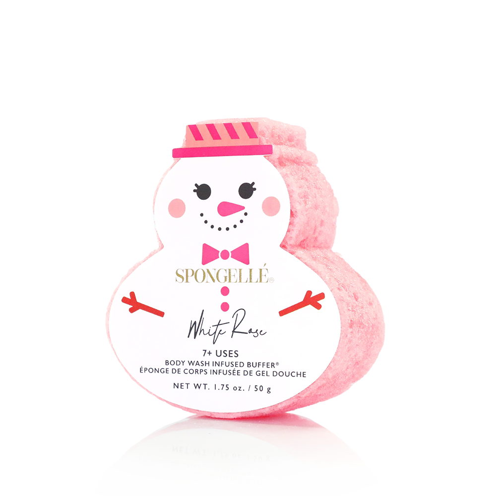 Holiday Snowman body wash buffer with pear orchid scent in festive white packaging