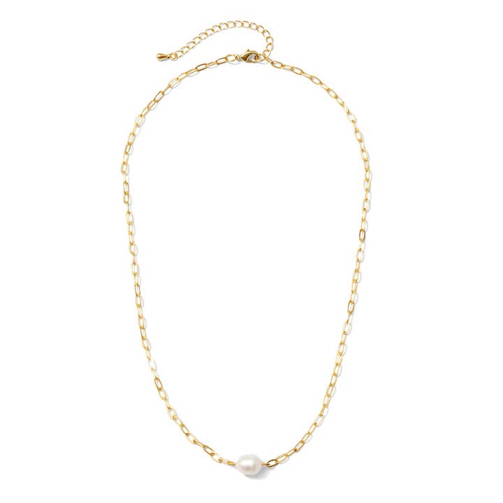 18k gold plated brass necklace featuring a fresh water pearl on a delicate link chain