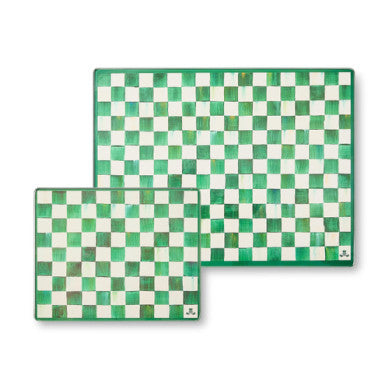 Two tempered glass cutting boards with an emerald green checkered pattern in small and large sizes.
