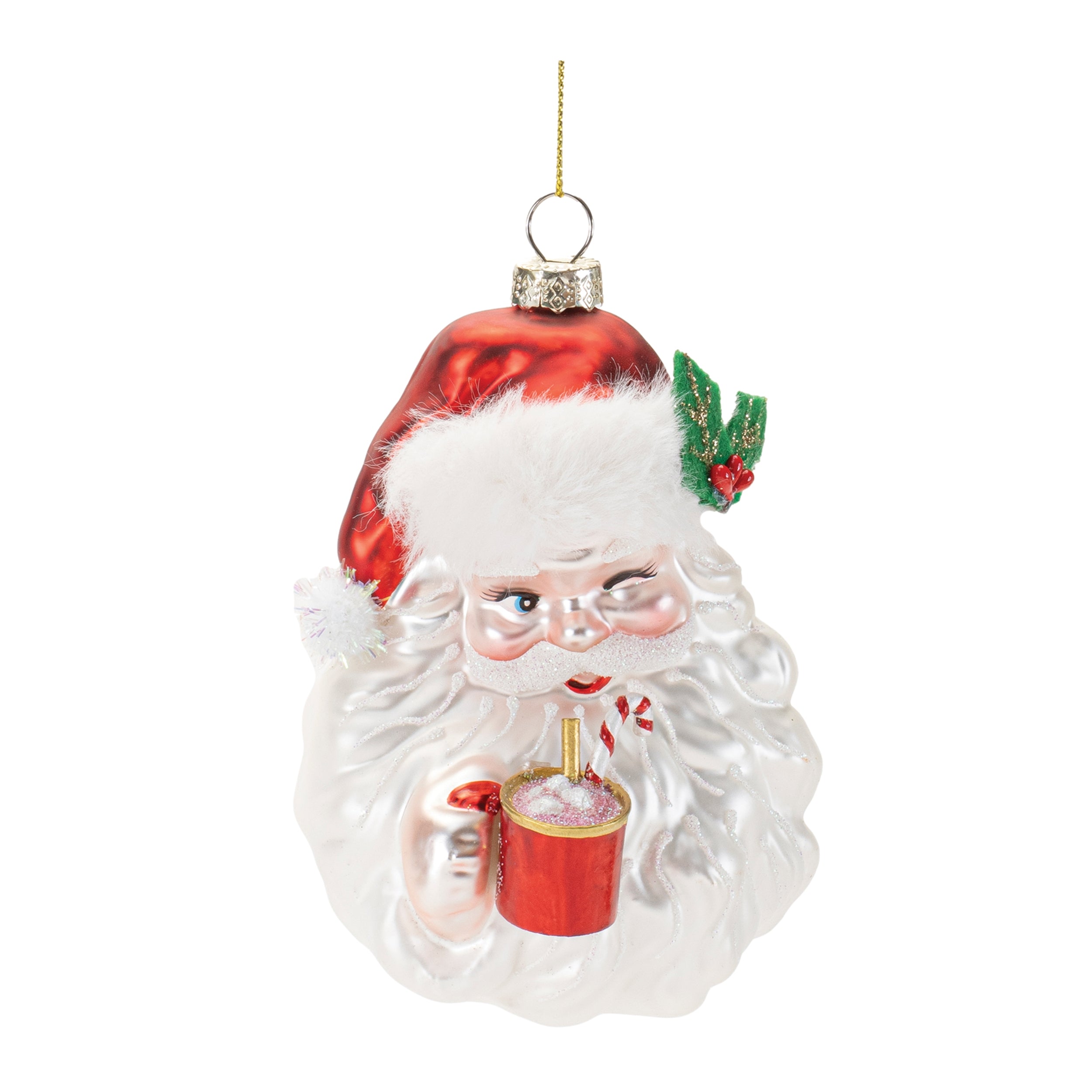 Five-inch Santa Claus ornament with cocoa drink in hand
