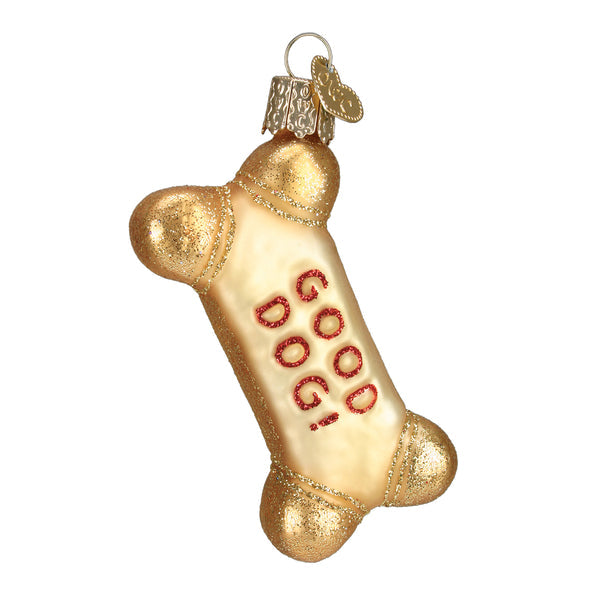 Gold glittery dog biscuit glass ornament with red glitter text reading GOOD DOG!