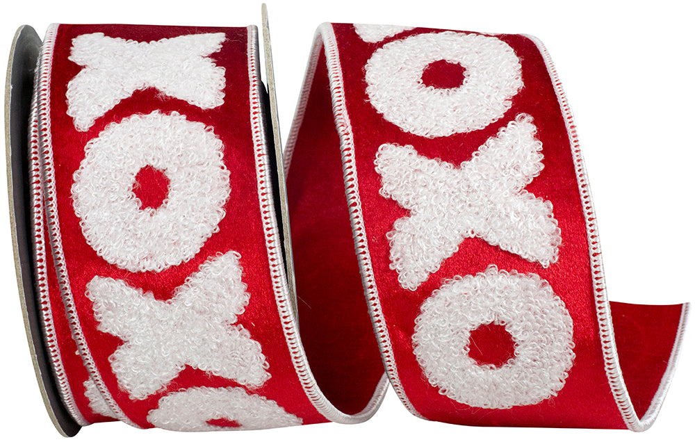 Red velvet ribbon with white plush embroidered XOXO pattern and wired edges.