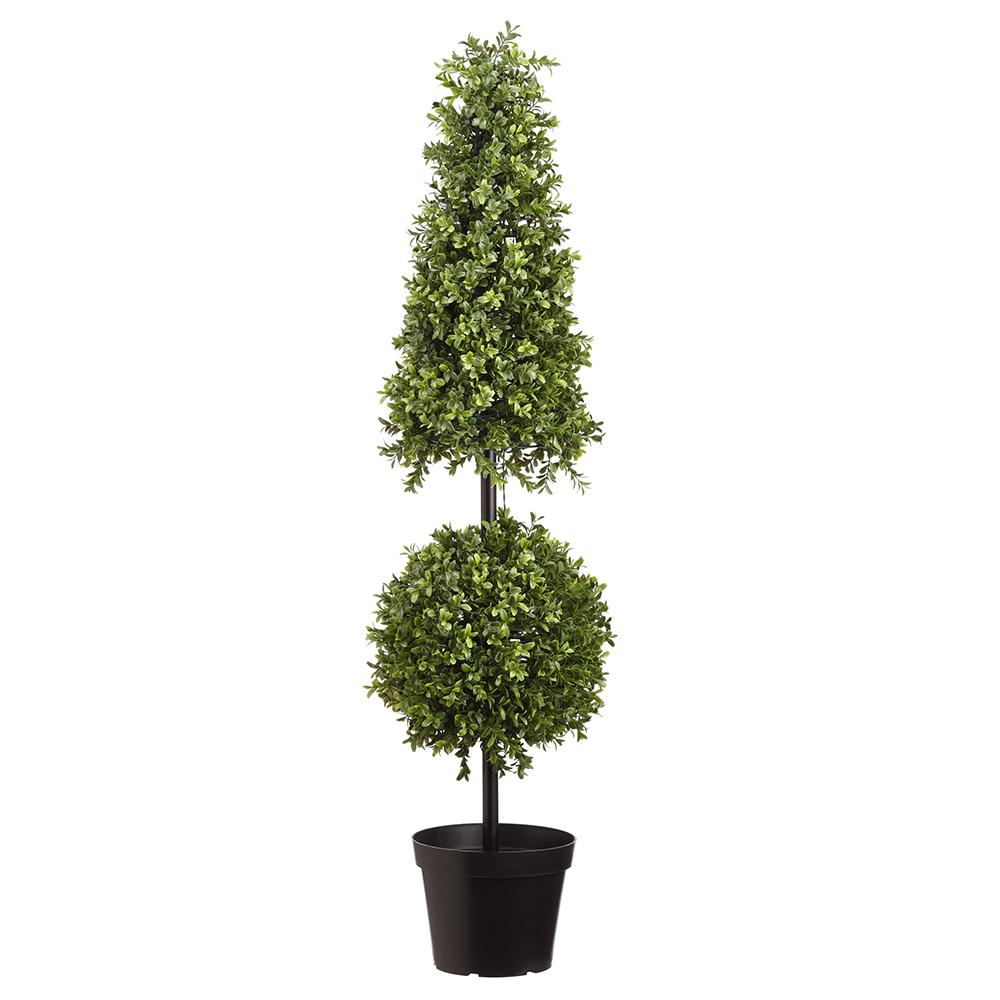 42-inch artificial boxwood cone and ball topiary in a black pot with LED lights.