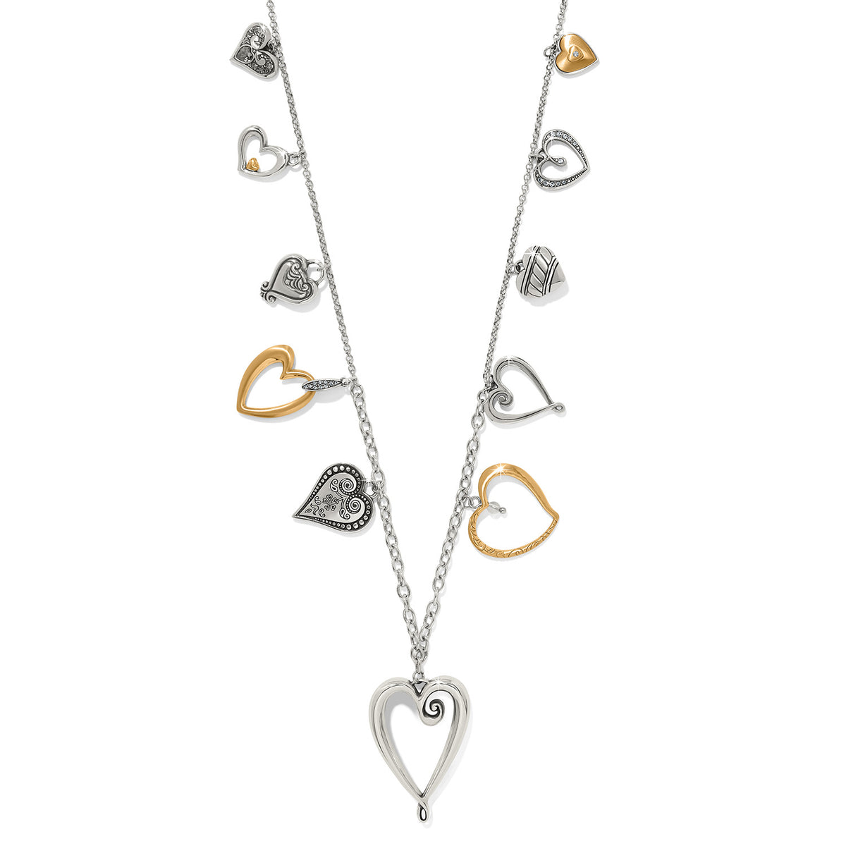 One Heart Large Long Necklace featuring various silver and gold heart charms on a silver chain.