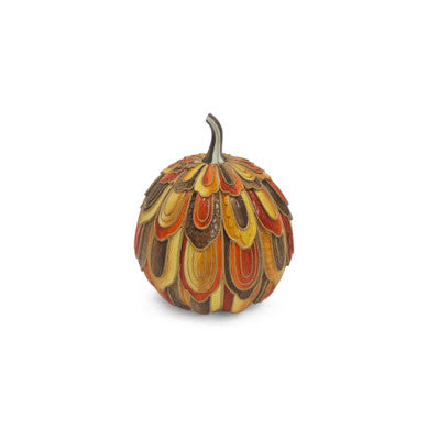 Harvest Glow Aurora Pumpkin with layered, colorful resin petals in orange, yellow, and brown.
