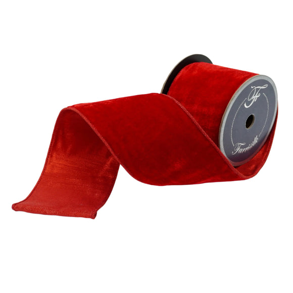 Red Velvet Luster Ribbon with wired edges on a spool.