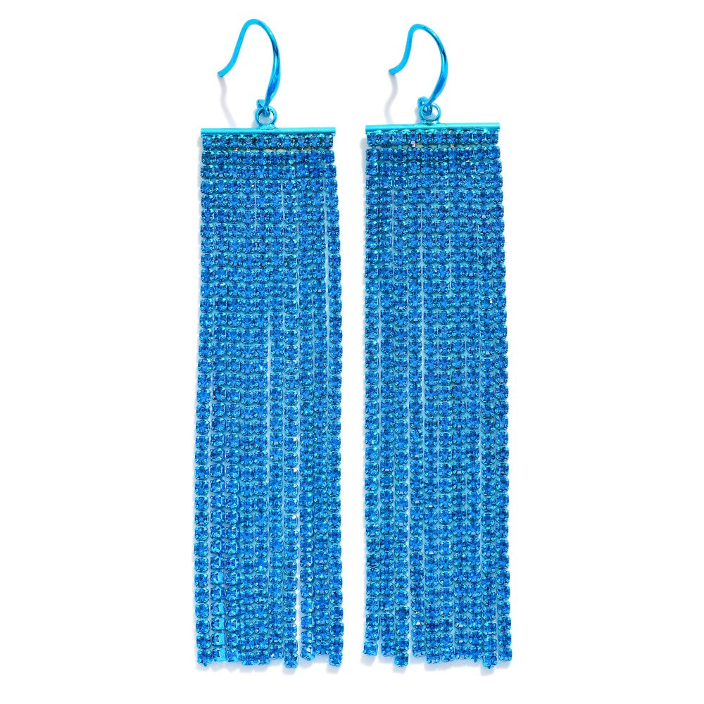 Blue rhinestone fringe drop earrings with long dangling strands and hook closures.