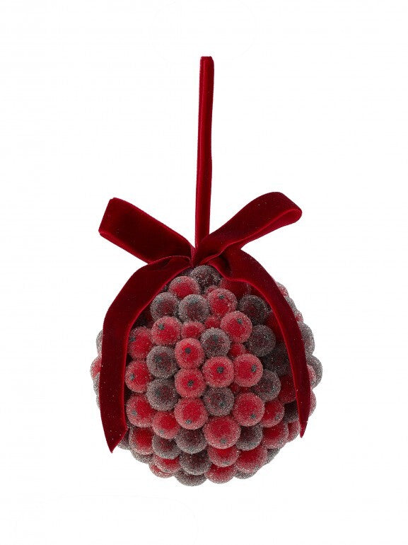 Beaded Berry Ball Ornament with red and burgundy frosted berries and a velvet bow.