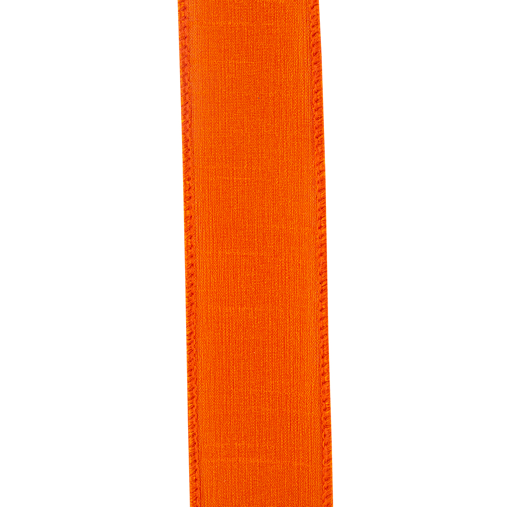 1-1/2 inch tangerine Dupioni flame wired edge ribbon with a textured fabric finish.