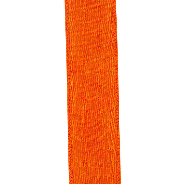 1-1/2 inch tangerine Dupioni flame wired edge ribbon with a textured fabric finish.