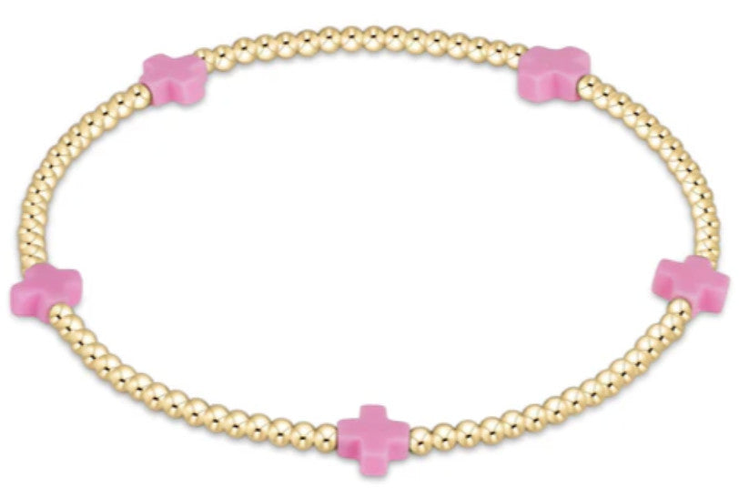 Egirl Signature Cross Small Gold Pattern 2mm Bead Bracelet - Bright Pink