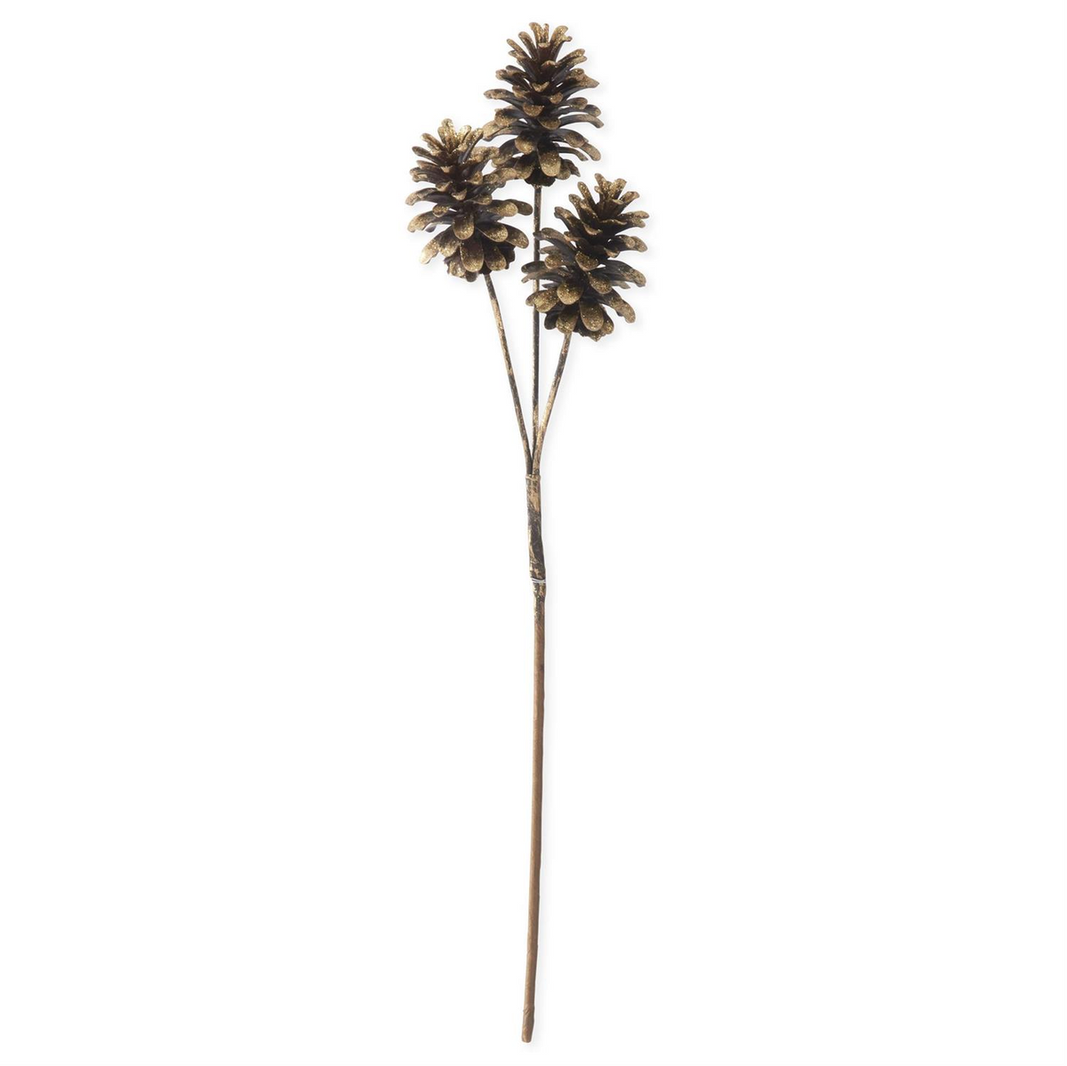 28-inch brown pinecone stem with three gold glittered pinecones on a single branch.