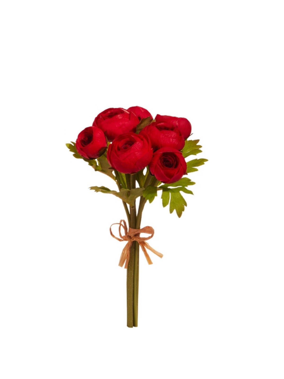 11-inch red soft touch ranunculus bundle with green leaves and a raffia bow.