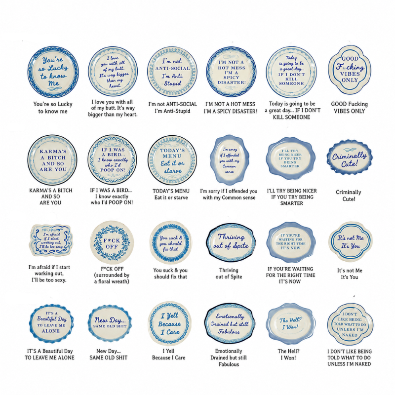 Collection of 24 mini stoneware magnets with cheeky blue script sayings on white decorative plates.