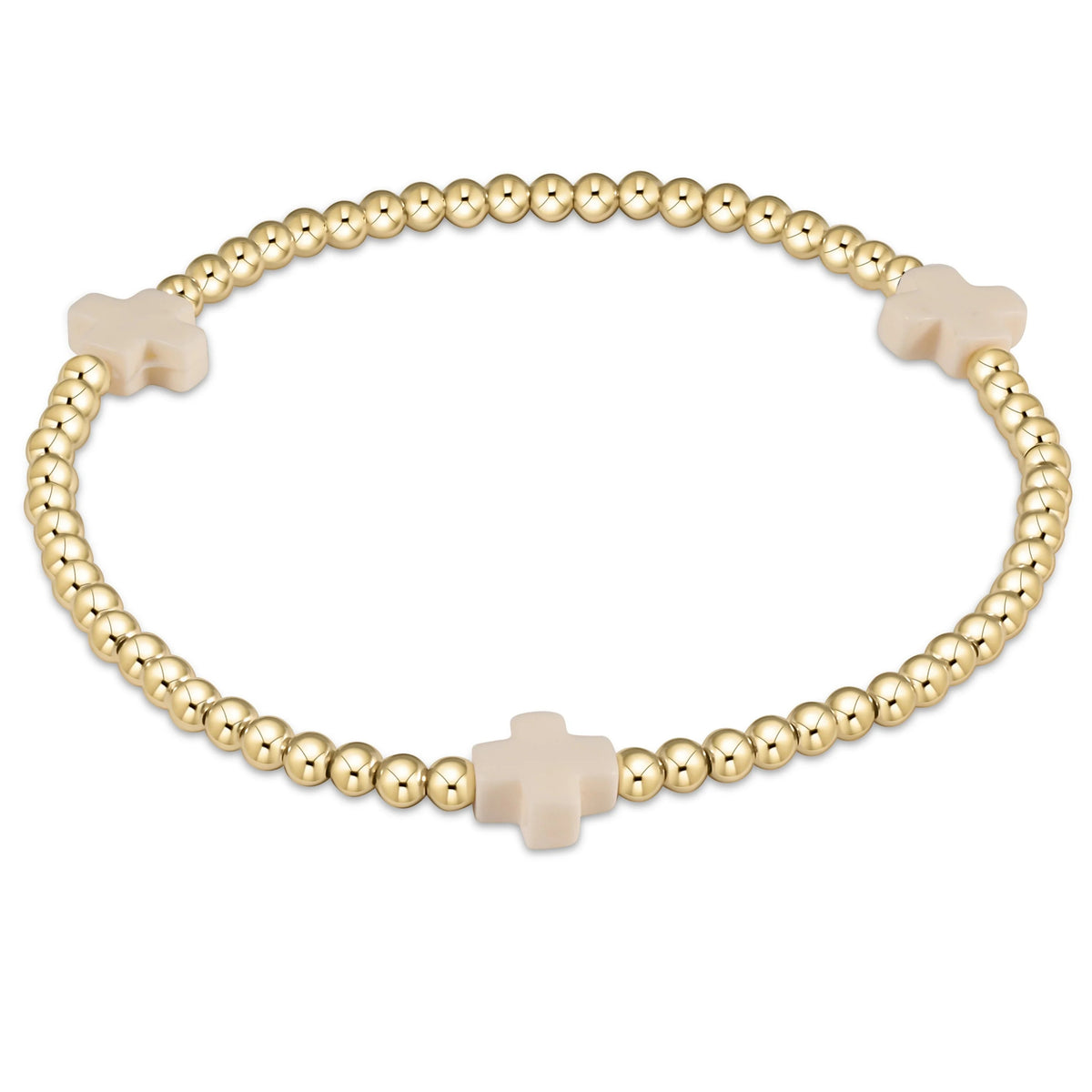Signature Cross 3mm gold-filled beaded stretch bracelet with three cream-colored cross charms.