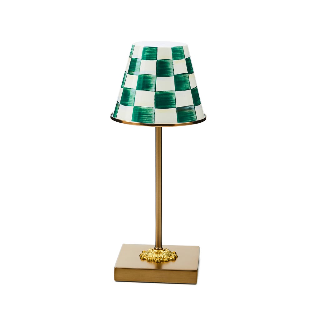 Emerald green and white hand-painted checkered LED table lamp with a gold-tone base and stem.