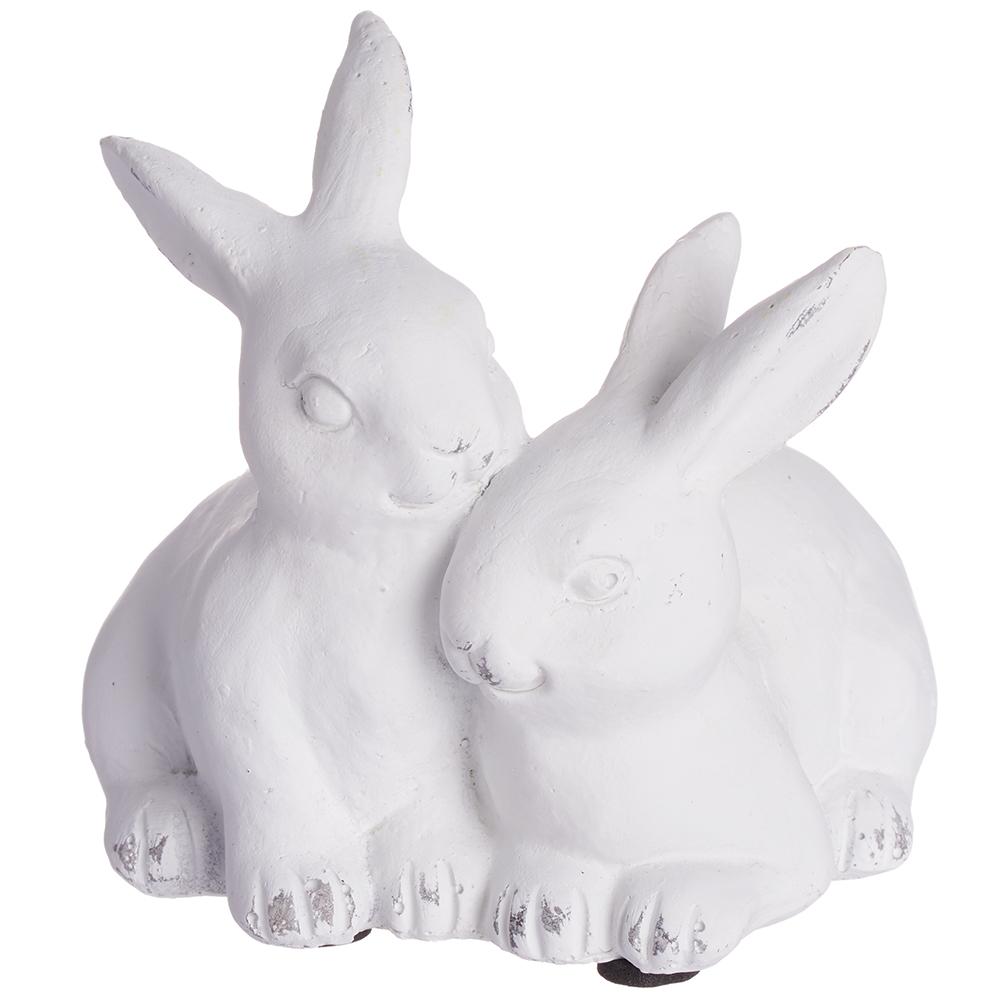 Antique white polyresin hugging bunny figurine with a curved silhouette.