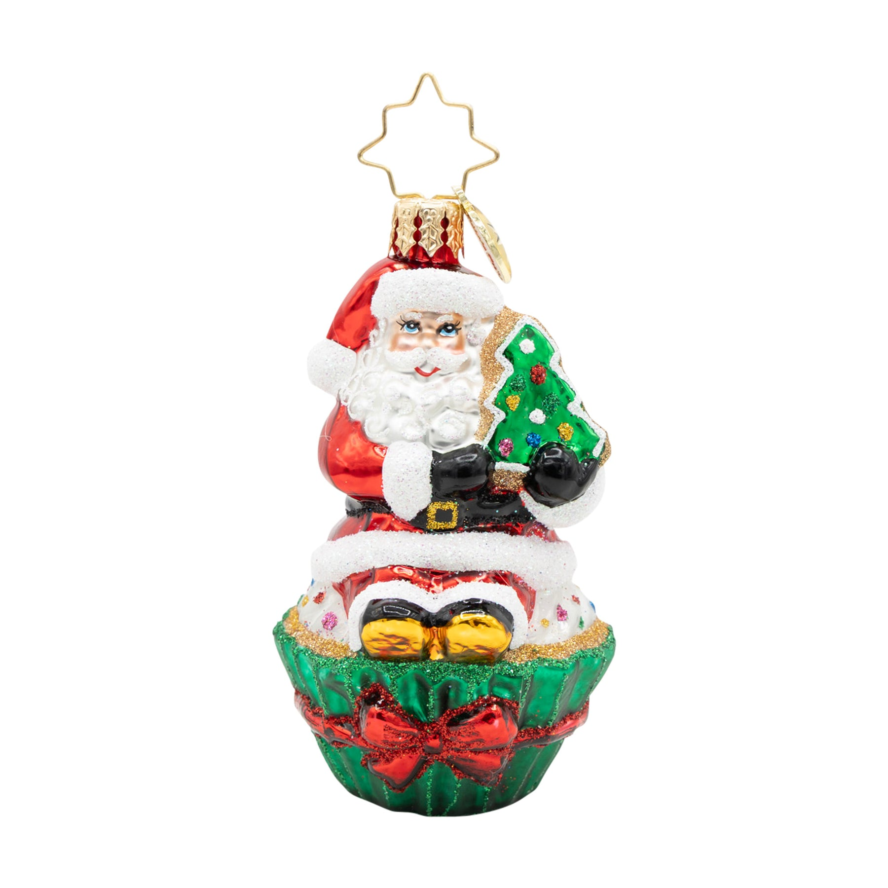 Cupcake Claus Gem glass ornament featuring Santa sitting on a green cupcake holding a small tree.