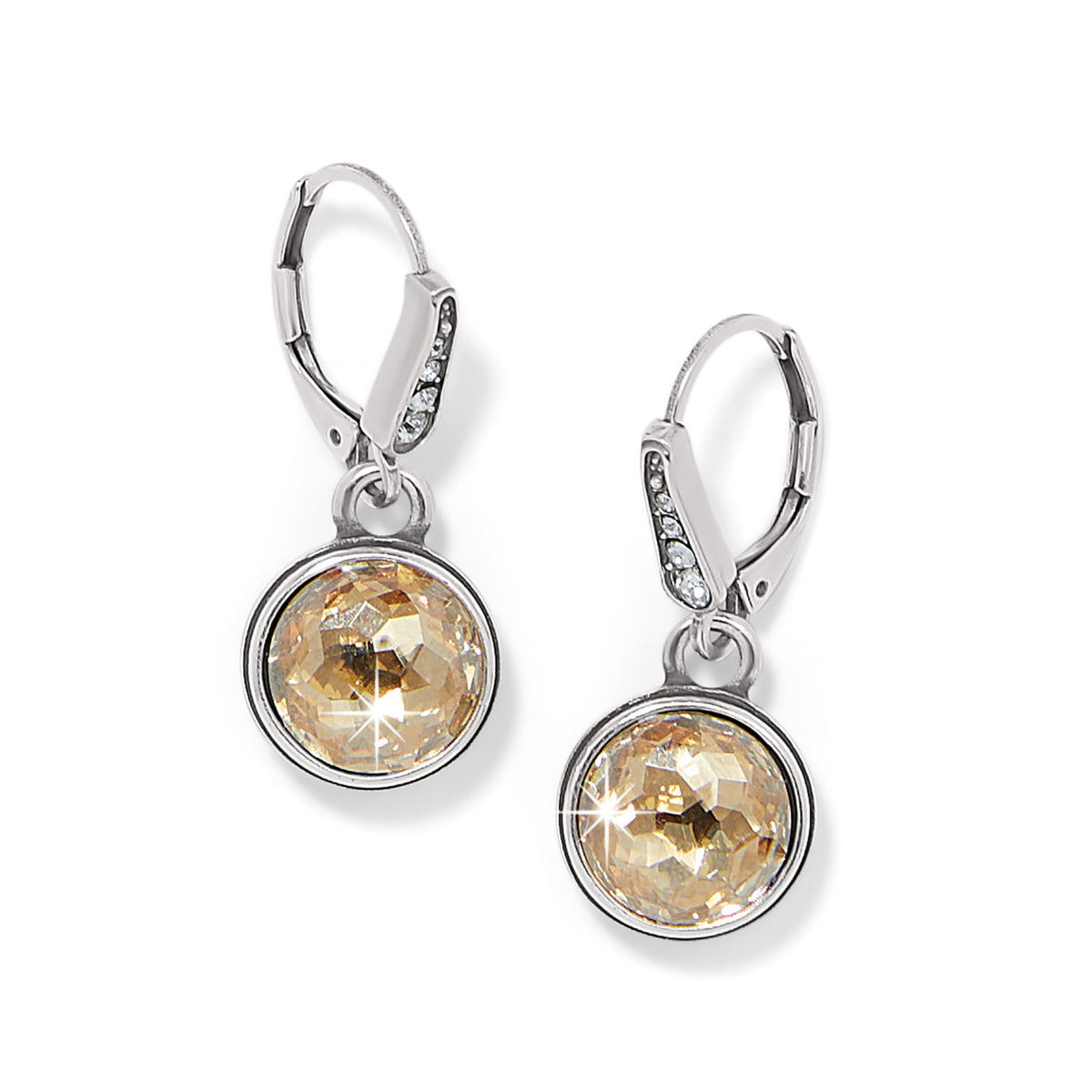 Silver plated leverback earrings featuring fine crystal stones in warm hues inspired by the Aurora Borealis.