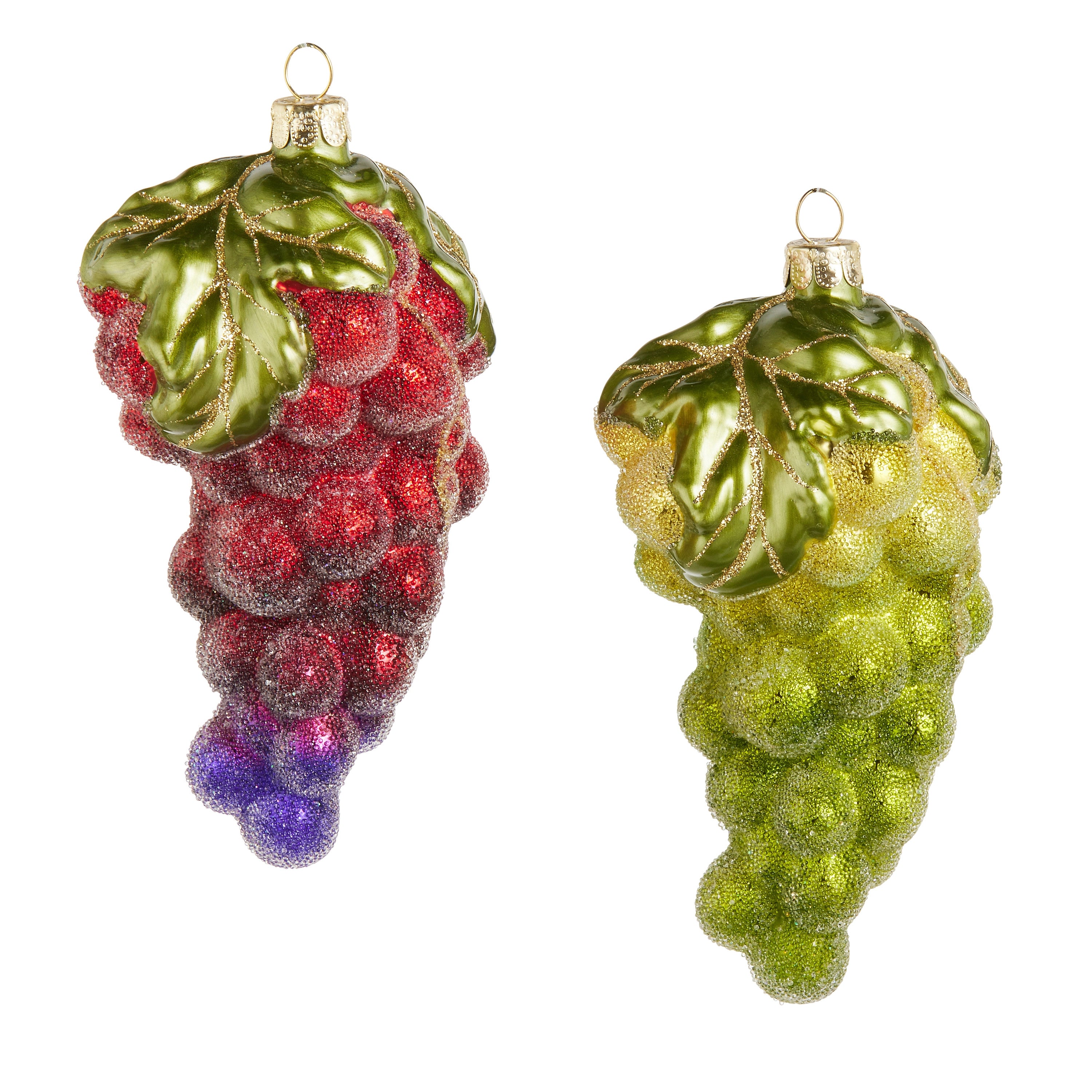 5-inch glass grape cluster ornaments with glitter accents in red and green, sold individually.