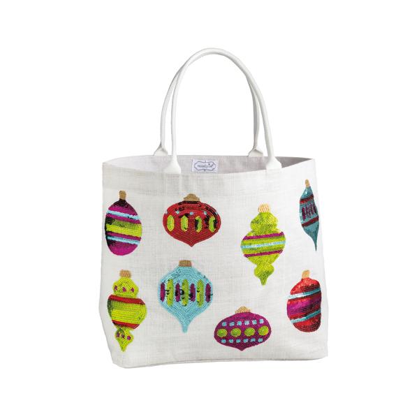 Holiday Sparkle Tote bag made from sequin jute with cotton webbing handles and a laminated wipe-clean interior.