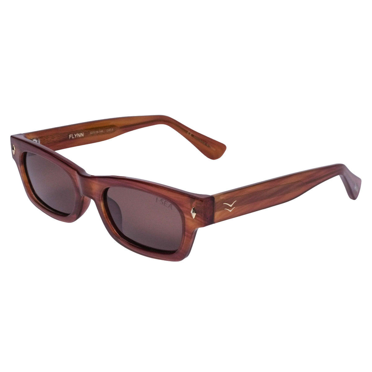 Flynn rectangular sunglasses in tort frames with brown polarized lenses.
