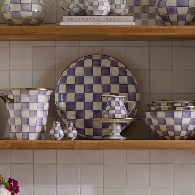 Violet check ceramic bowl with a round shape and grid pattern