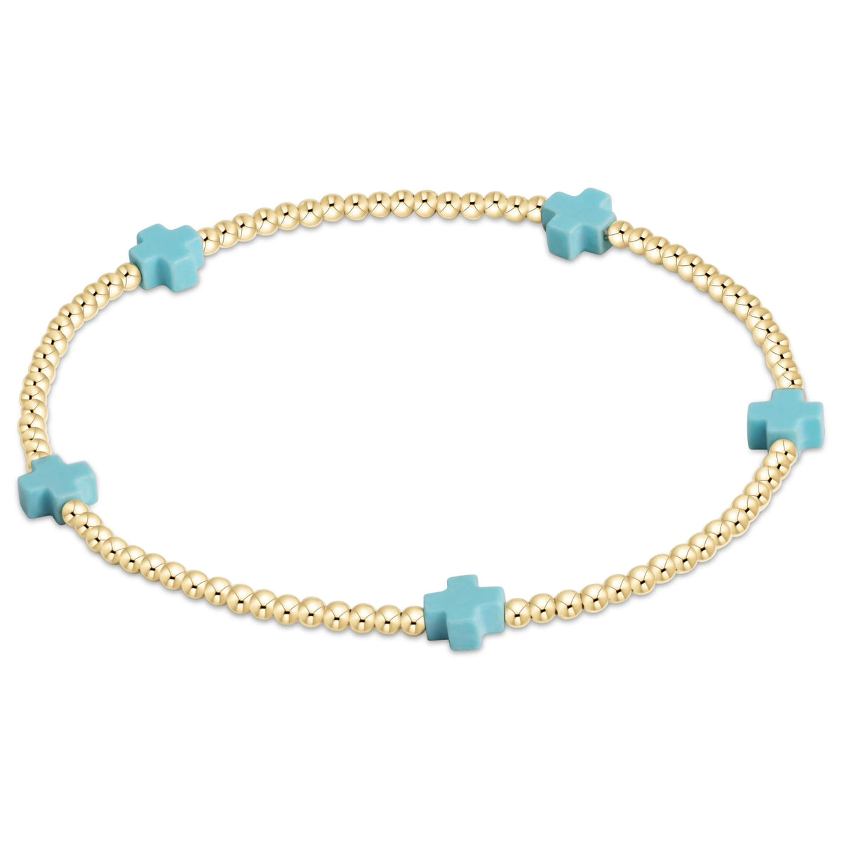 Signature Cross 2mm gold-filled beaded bracelet with five small turquoise cross accents.