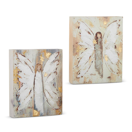 Wooden wall art featuring a white angel silhouette with spread wings on an eight-inch by ten-inch block.