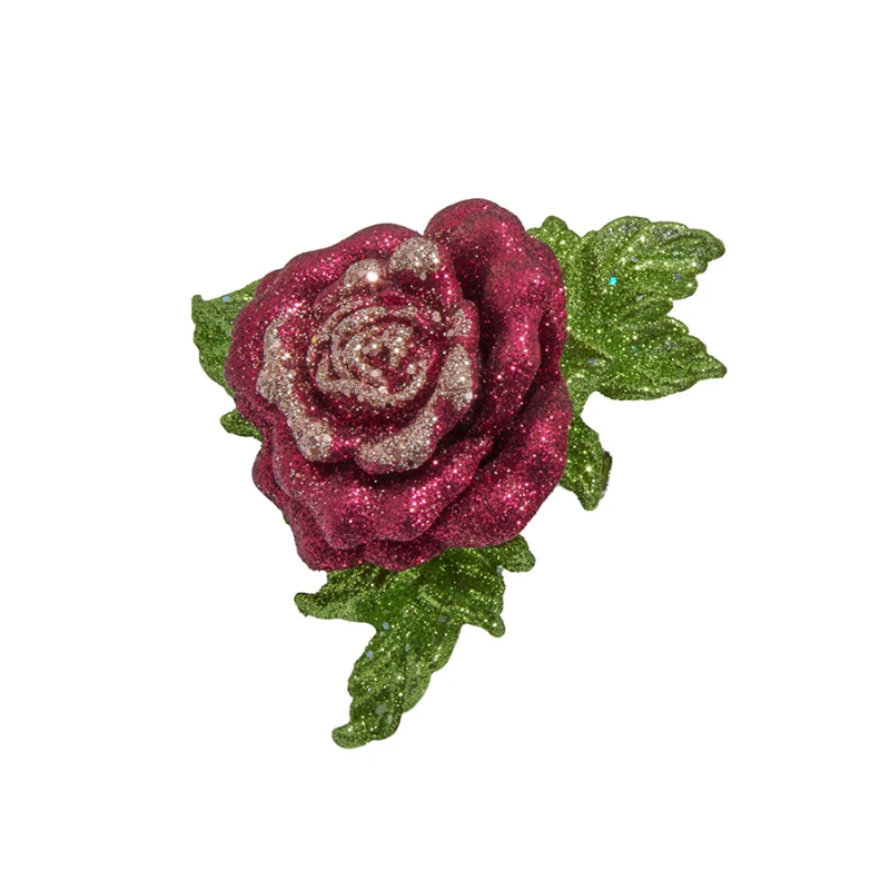 Glittery magenta rose clip-on ornament with green leaves.