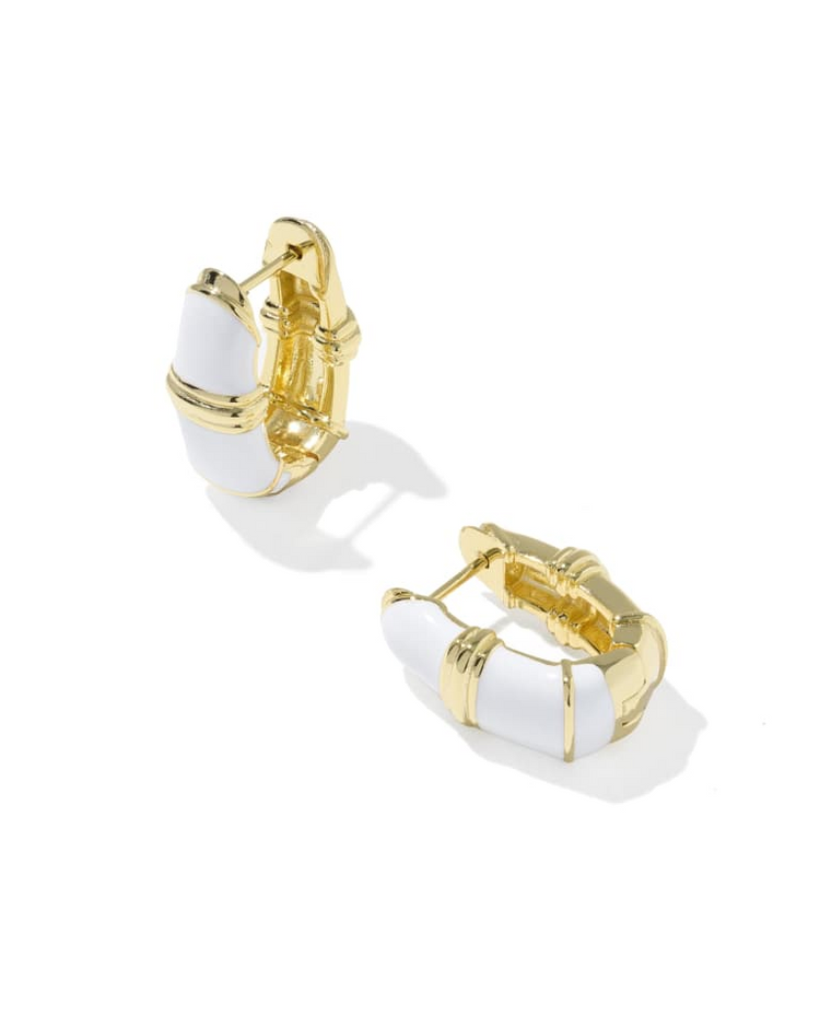 Courtney white enamel and 14k gold-plated huggie earrings with textured metal accents.