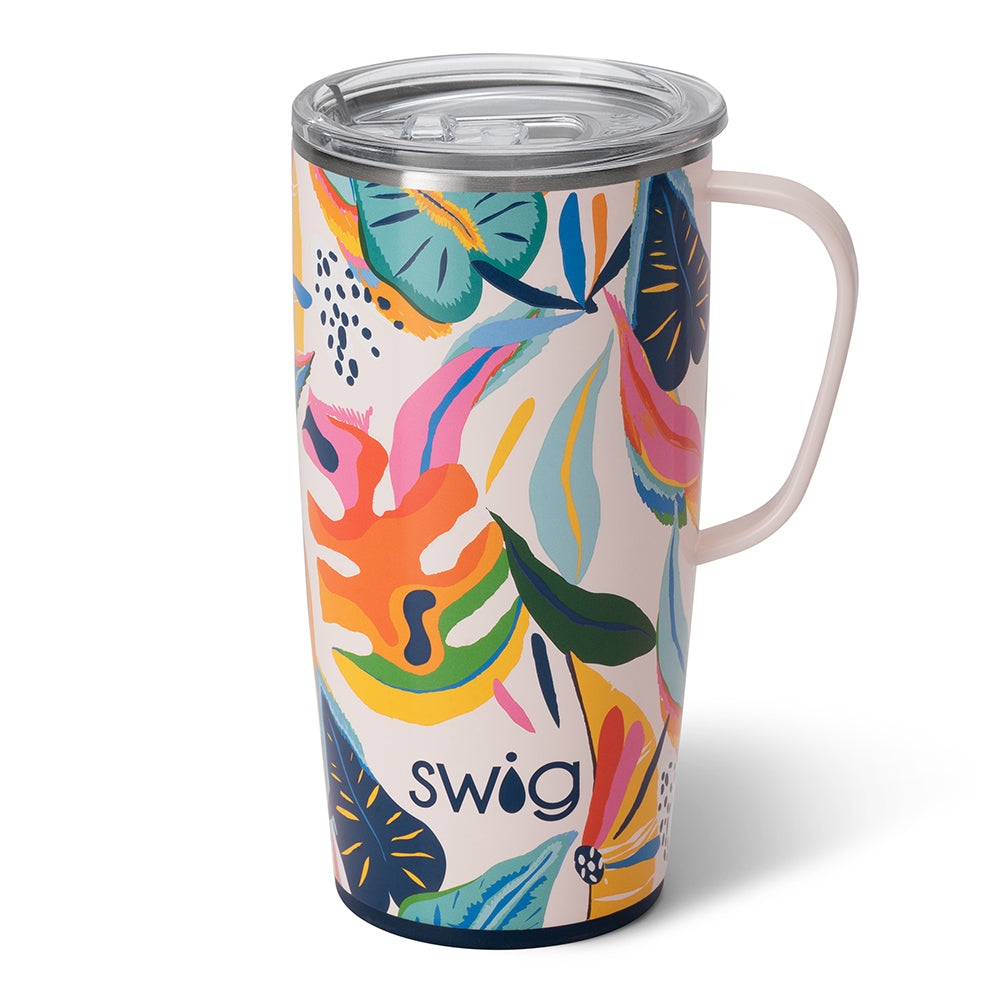 Silver stainless steel travel mug with a slim metal handle, silicone base, and large lid featuring a removable slider.